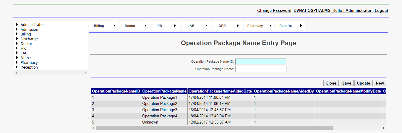 DVNA Hospital Management Software Operation Package Name Entry Page